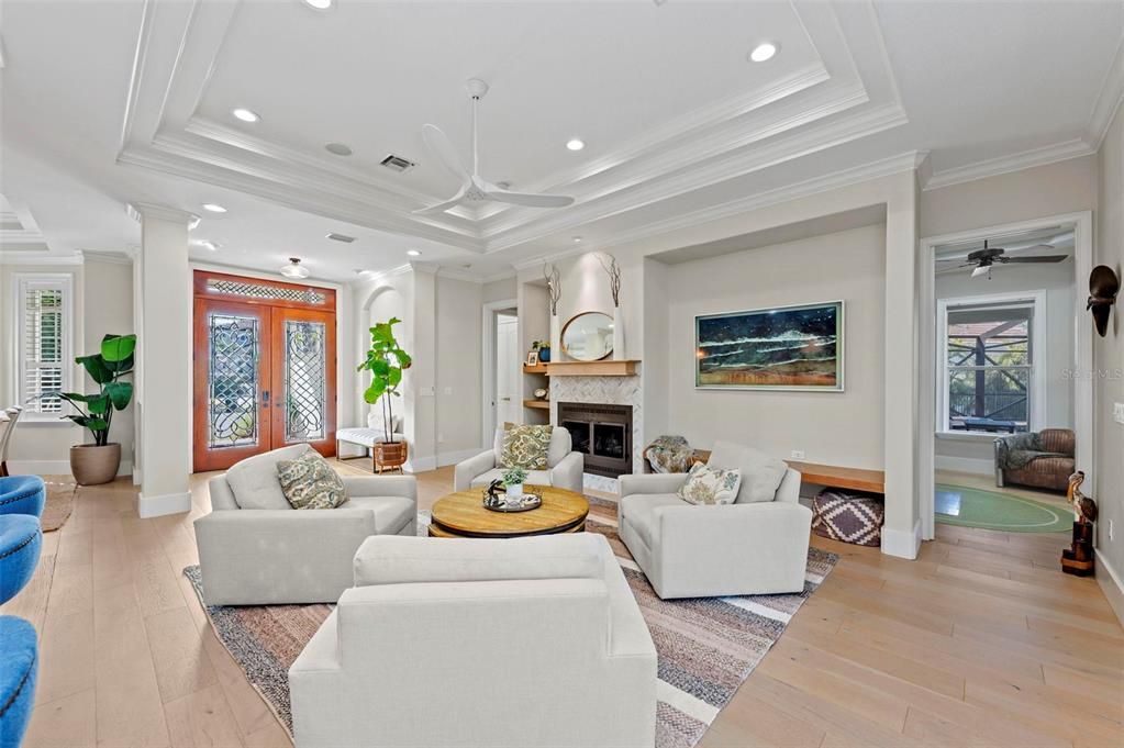 Fireplace, Interior, Living room, Recessed Lighting, Wood Texture Flooring