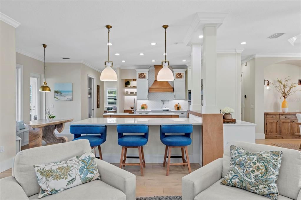 Interior, Kitchen, Living room, Pendant Lights, Recessed Lighting, Wood Texture Flooring