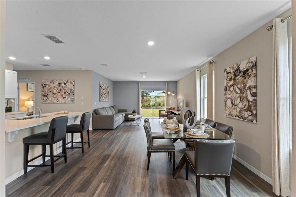 Dining room, Interior, Living room, Recessed Lighting, Wood Texture Flooring