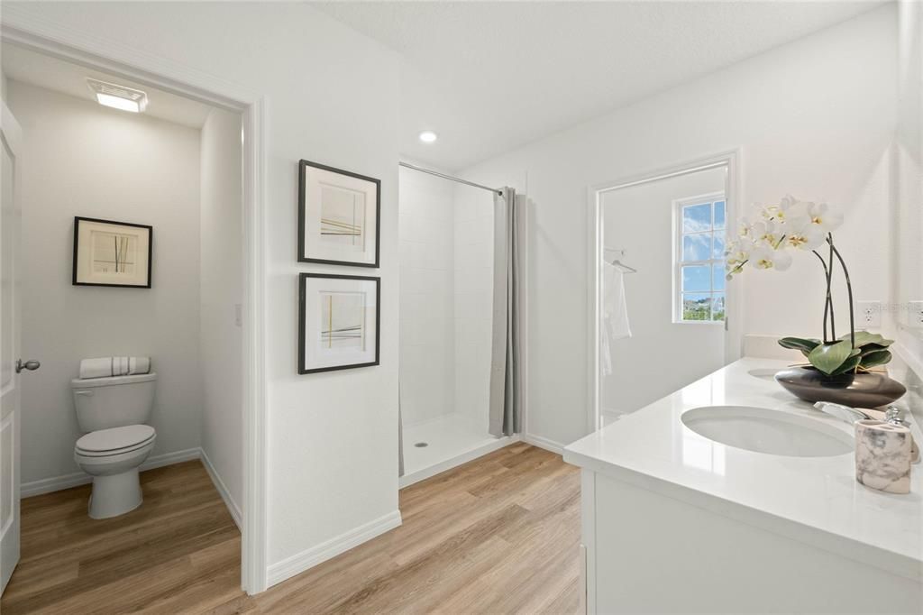 Bathroom, Interior, Recessed Lighting, Wood Texture Flooring