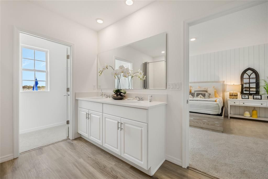 Bathroom, Bedroom, Dual Sink Vanities, Interior, Recessed Lighting, Wood Texture Flooring