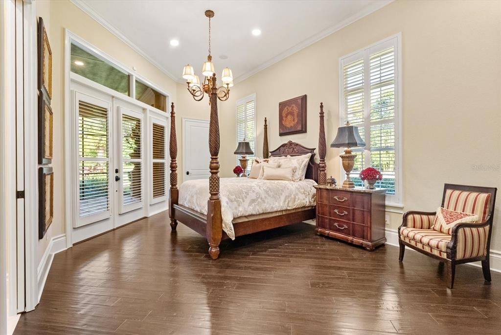 Bedroom, Chandelier, Interior, Recessed Lighting, Wood Texture Flooring