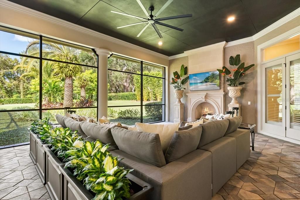 Fireplace, Interior, Living room, Recessed Lighting, Sun Room