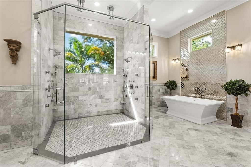 Bathroom, Free Standing Baths, Glass Shower, Interior, Marble, Recessed Lighting