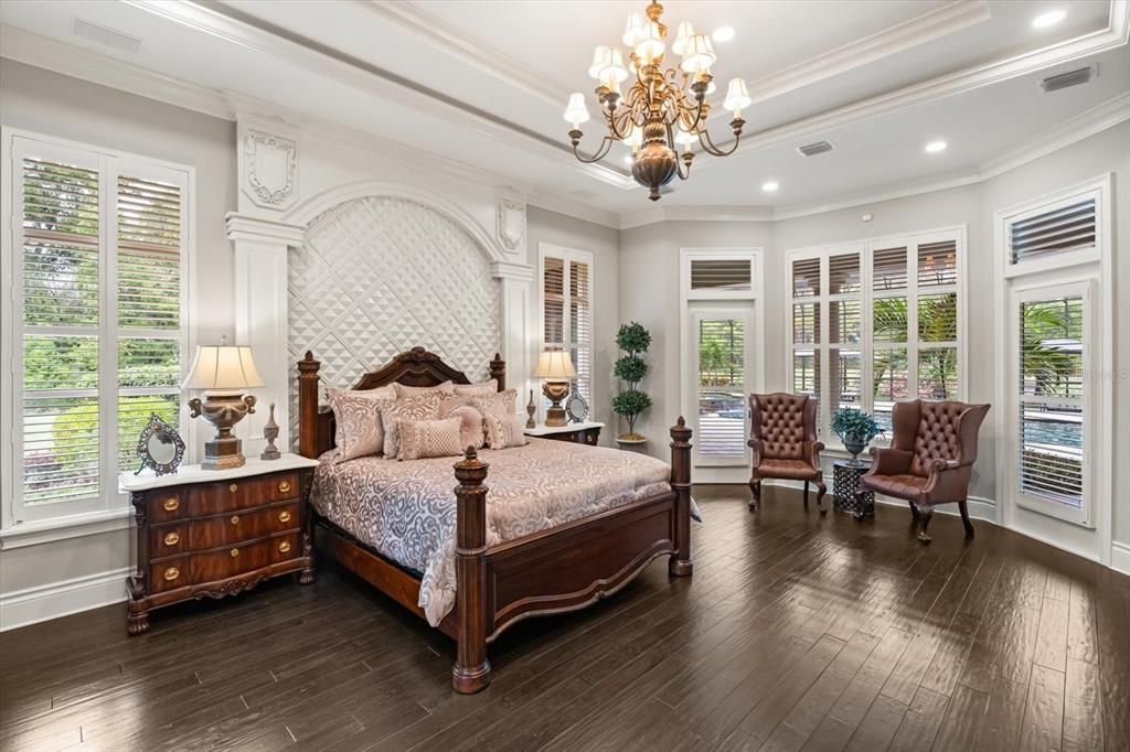 Bedroom, Chandelier, Interior, Recessed Lighting, Wood Texture Flooring