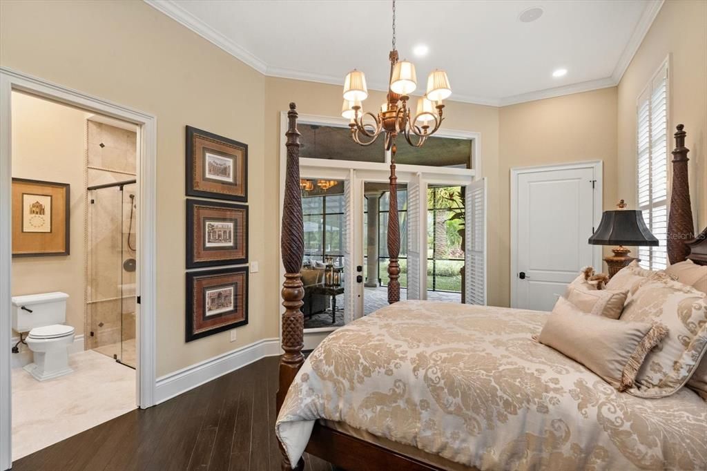 Bathroom, Bedroom, Chandelier, Glass Shower, Interior, Recessed Lighting, Wood Texture Flooring