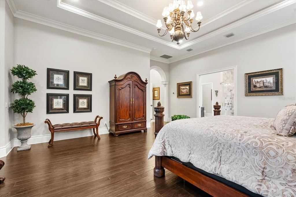 Bedroom, Chandelier, Interior, Wood Texture Flooring