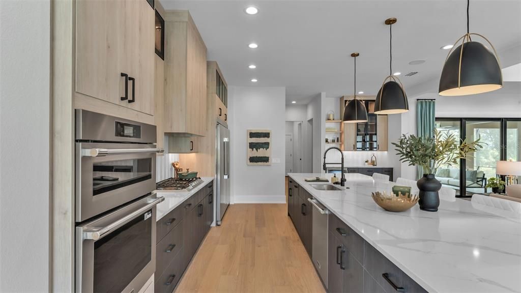 Interior, Kitchen, Pendant Lights, Recessed Lighting, Stainless Steel Appliances, Wood Texture Flooring