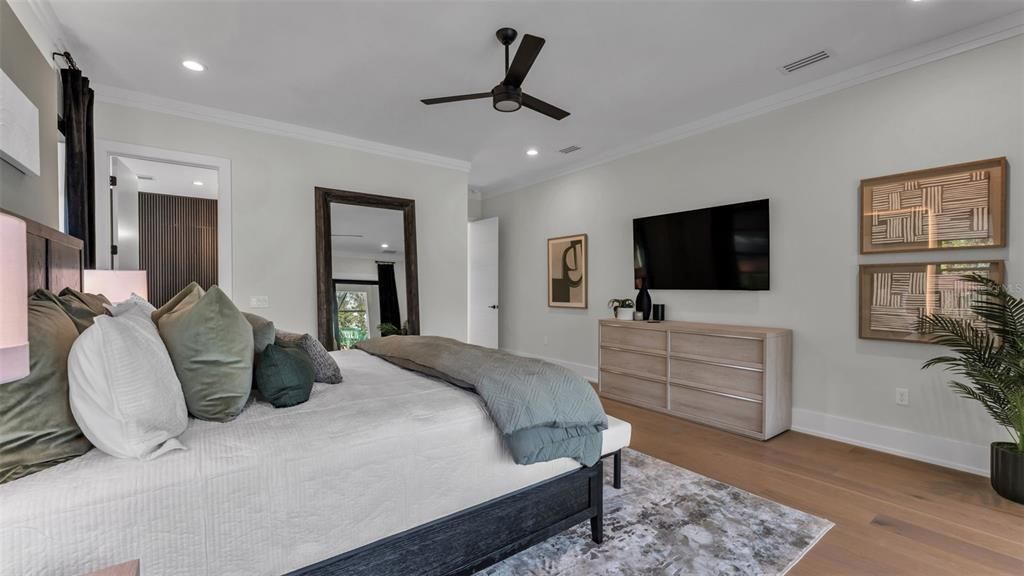 Bedroom, Interior, Recessed Lighting, Wood Texture Flooring