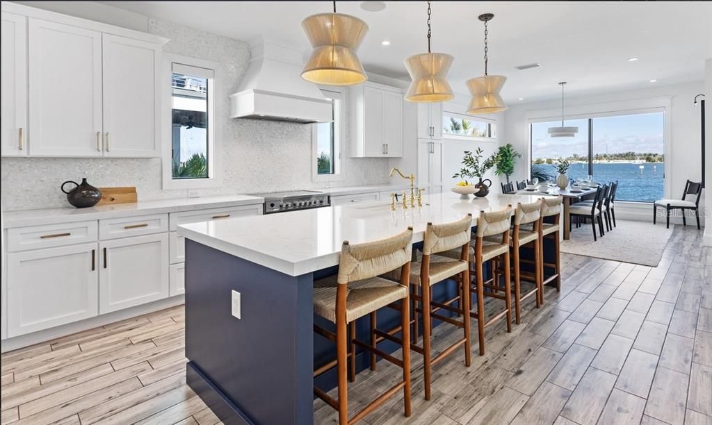 Dining room, Interior, Kitchen, Pendant Lights, Recessed Lighting, Water, Wood Texture Flooring