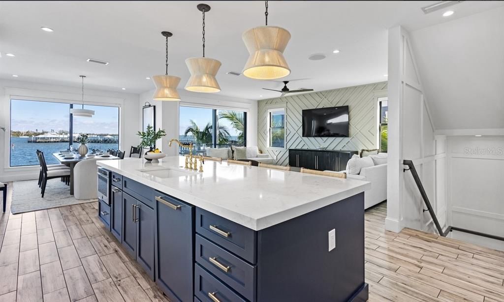 Dining room, Interior, Kitchen, Living room, Pendant Lights, Recessed Lighting, Water, Wood Texture Flooring
