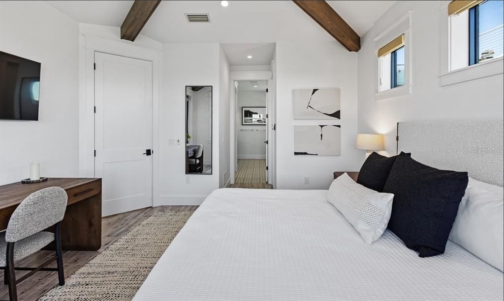 Bedroom, Interior, Recessed Lighting, Wooden Beams, Wood Texture Flooring