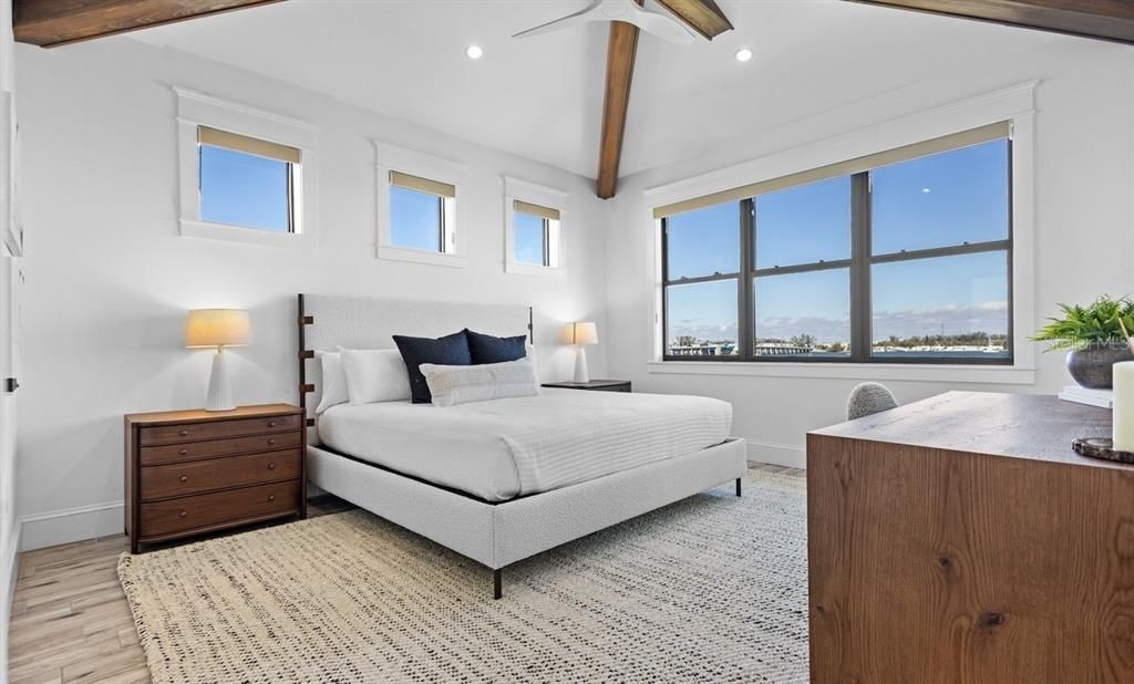 Bedroom, Interior, Recessed Lighting, Water, Wooden Beams, Wood Texture Flooring