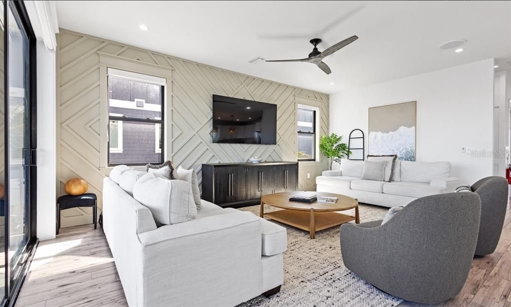 Fireplace, Interior, Living room, Recessed Lighting, Wood Texture Flooring