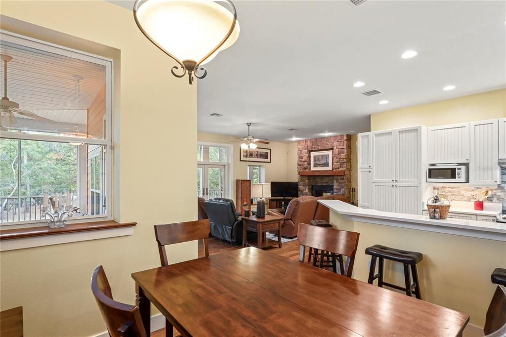 Dining room, Fireplace, Interior, Kitchen, Living room, Pendant Lights, Recessed Lighting, Stone Walls