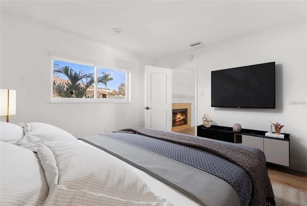 Bedroom, Fireplace, Interior, Wood Texture Flooring