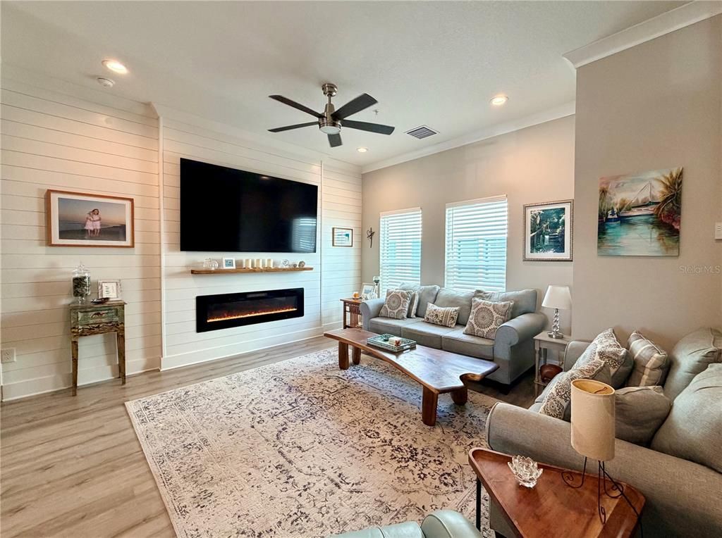 Fireplace, Interior, Living room, Recessed Lighting, Wood Texture Flooring