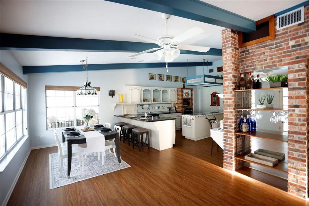 Dining room, Interior, Kitchen, Pendant Lights, Stone Walls, Wood Texture Flooring