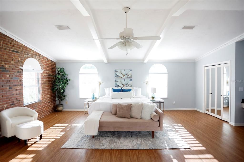Bedroom, Interior, Stone Walls, Wood Texture Flooring