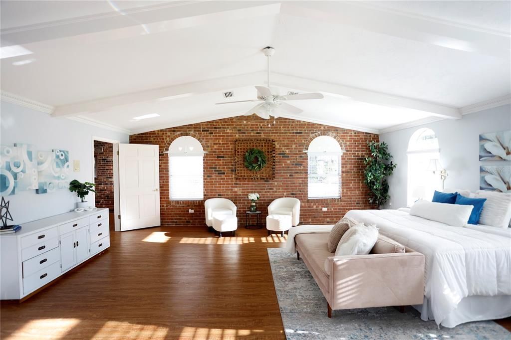 Bedroom, Interior, Stone Walls, Wood Texture Flooring