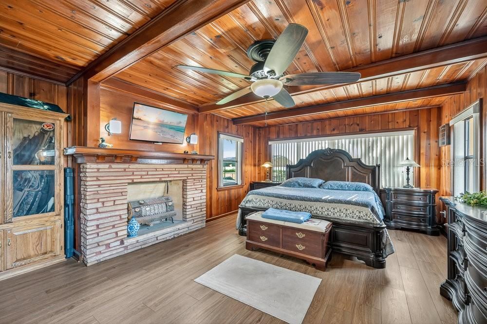 Bedroom, Fireplace, Interior, Wooden Beams, Wooden Ceilings, Wood Texture Flooring, Wooden Walls