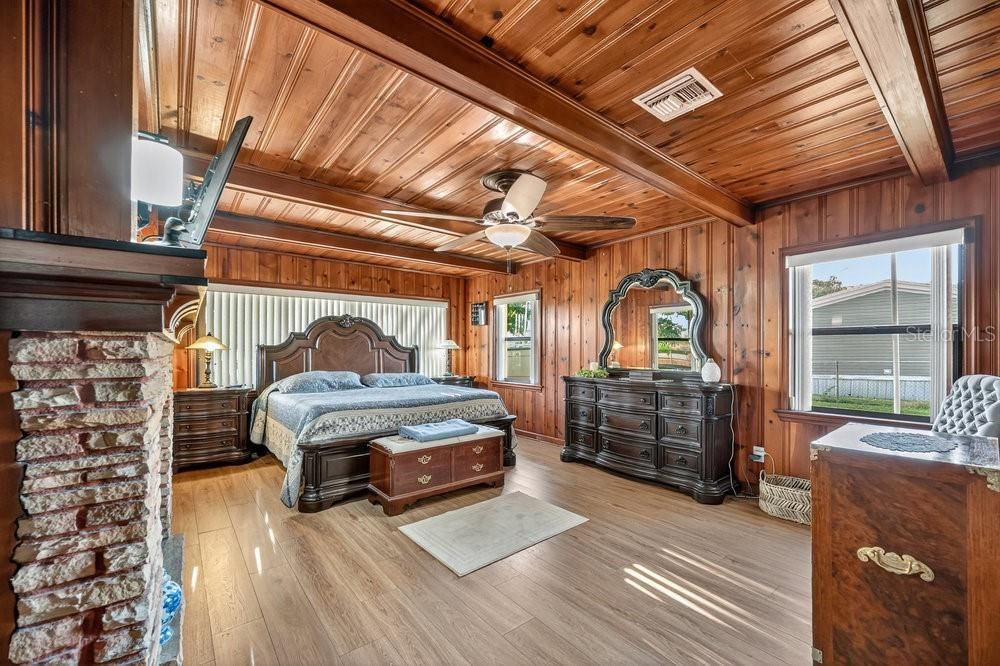 Bedroom, Fireplace, Interior, Wooden Beams, Wooden Ceilings, Wood Texture Flooring, Wooden Walls