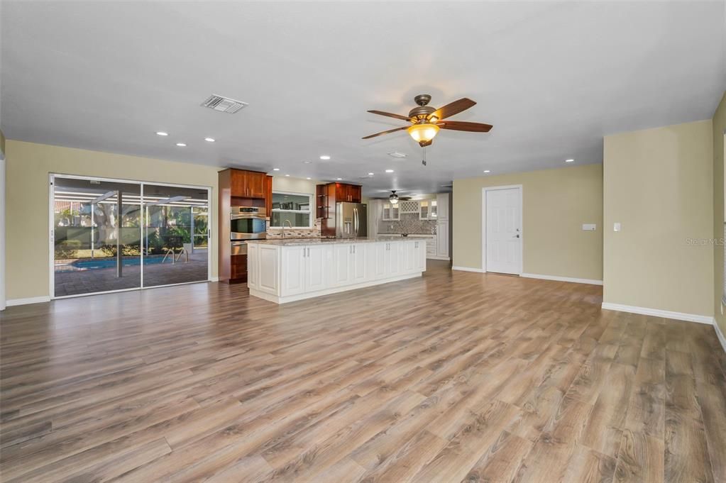 Empty room, Interior, Kitchen, Recessed Lighting, Wood Texture Flooring