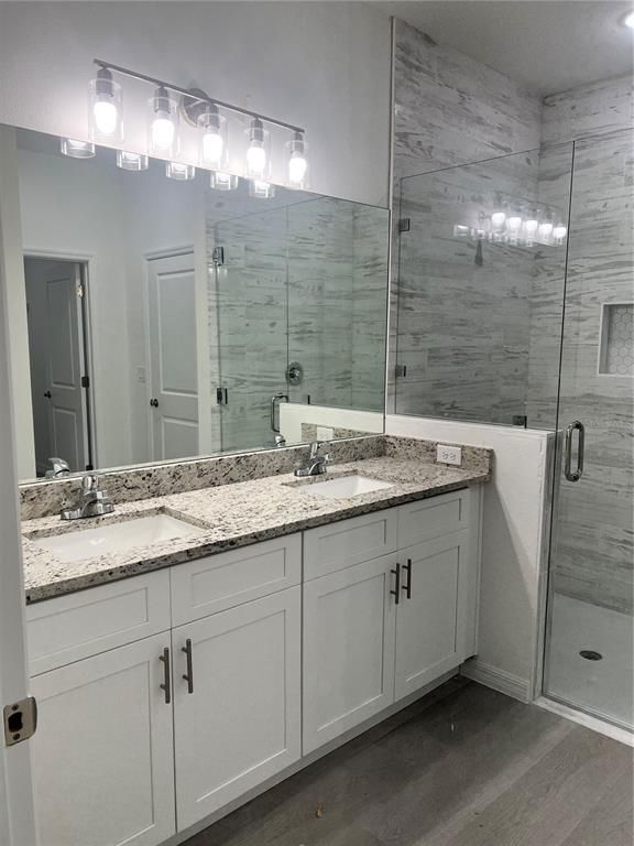 Bathroom, Dual Sink Vanities, Glass Shower, Interior, Marble Walls