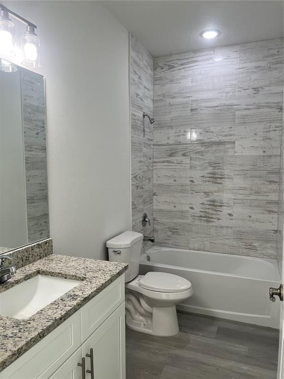 Bathroom, Interior, Marble Walls, Recessed Lighting, Wood Texture Flooring