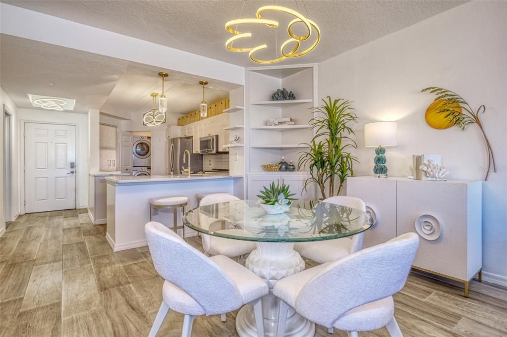 Dining room, Interior, Kitchen, Pendant Lights, Wood Texture Flooring