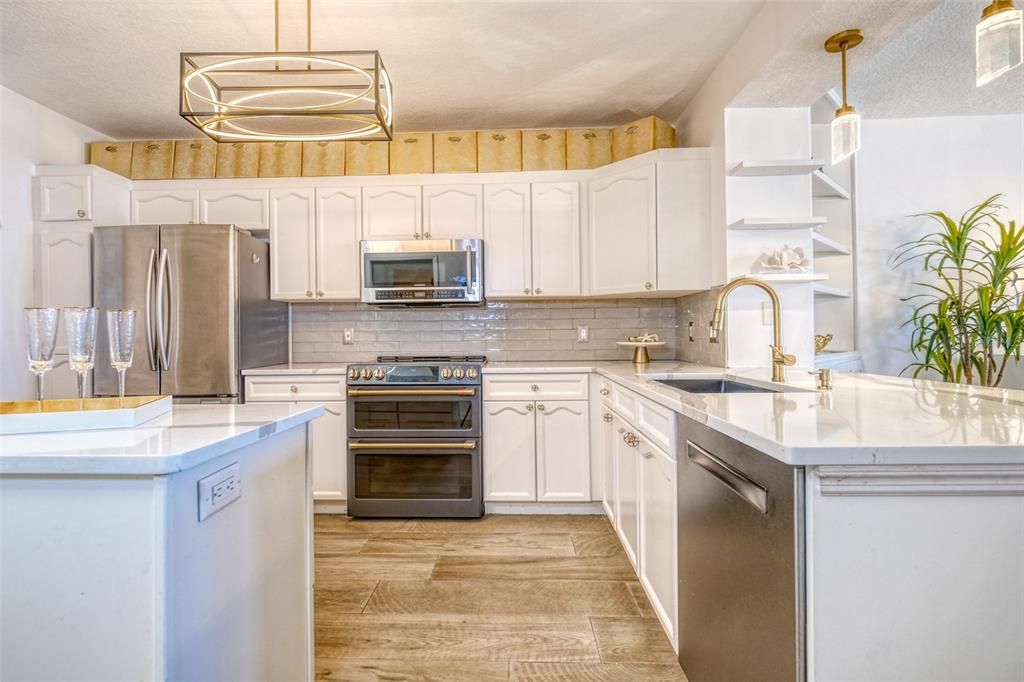 Interior, Kitchen, Pendant Lights, Stainless Steel Appliances, Wood Texture Flooring