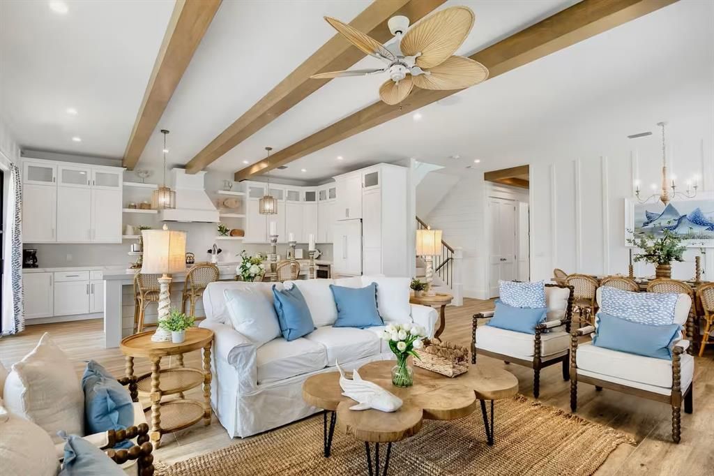 Interior, Kitchen, Living room, Pendant Lights, Recessed Lighting, Stainless Steel Appliances, Wooden Beams, Wood Texture Flooring