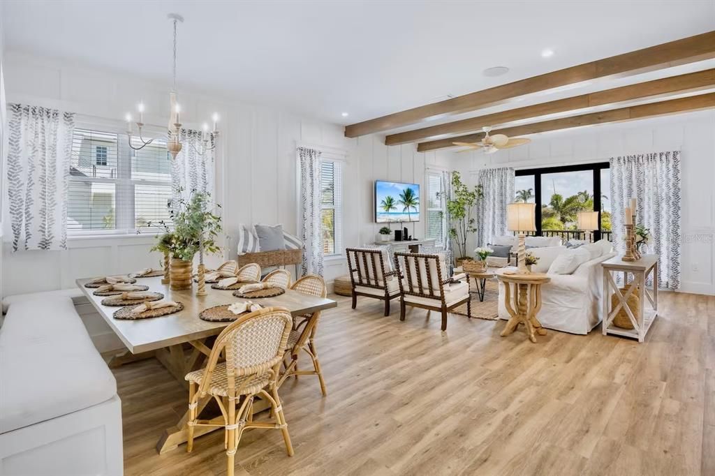 Dining room, Interior, Living room, Pendant Lights, Recessed Lighting, Wooden Beams, Wood Texture Flooring