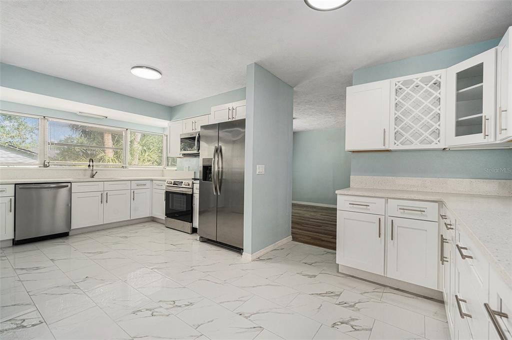 Interior, Kitchen, Marble, Recessed Lighting, Stainless Steel Appliances