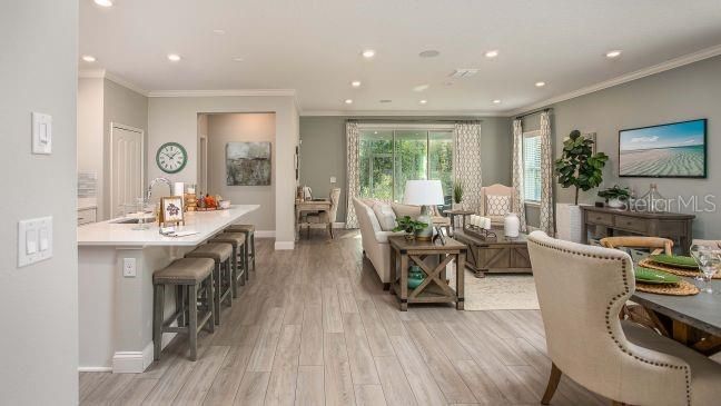 Dining room, Interior, Living room, Recessed Lighting, Wood Texture Flooring