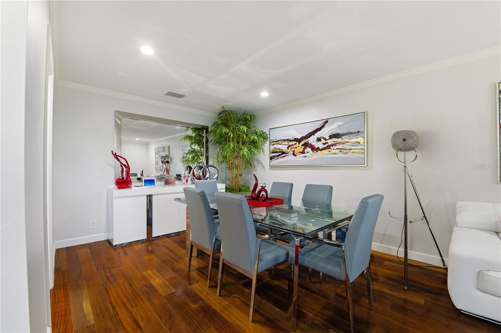 Dining room, Interior, Recessed Lighting, Wood Texture Flooring