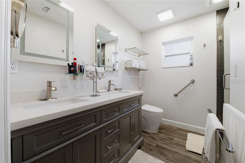 Bathroom, Dual Sink Vanities, Interior, Recessed Lighting, Wood Texture Flooring