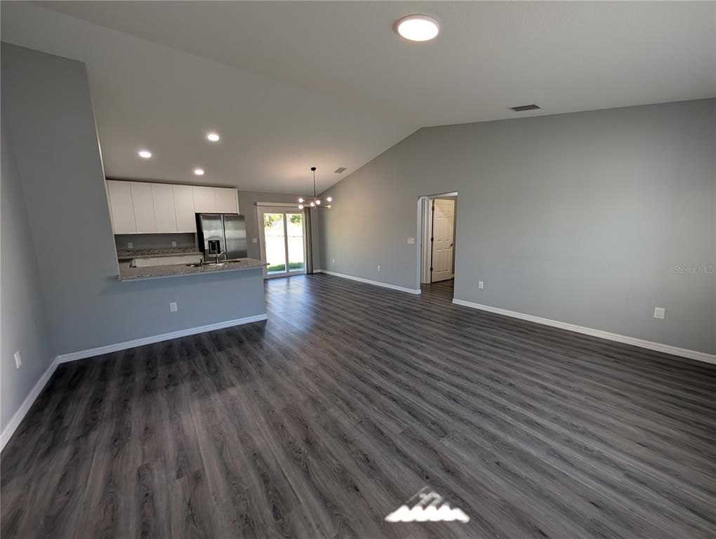 Empty room, Interior, Kitchen, Pendant Lights, Recessed Lighting, Wood Texture Flooring