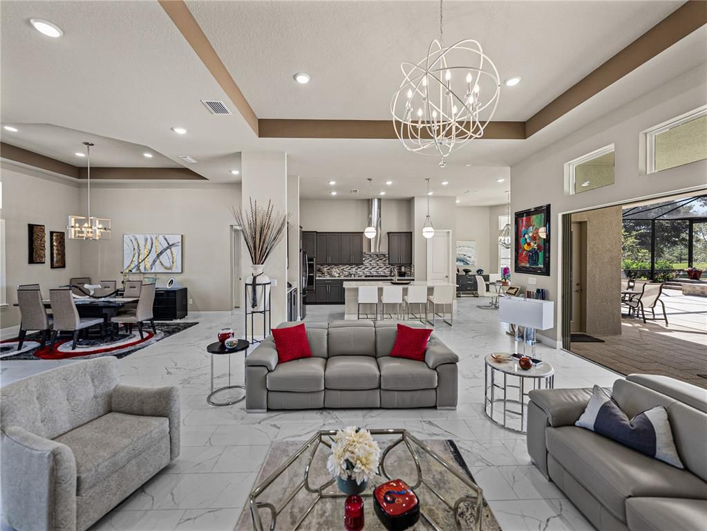 Dining room, Interior, Kitchen, Living room, Marble, Pendant Lights, Recessed Lighting, Stainless Steel Appliances