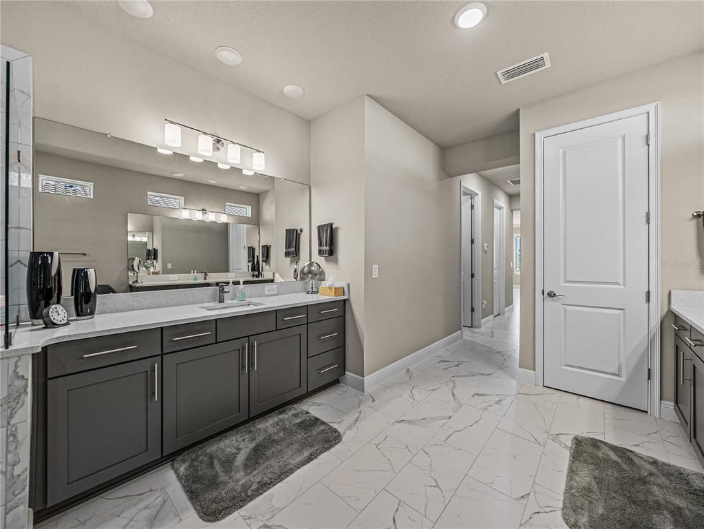 Bathroom, Dual Sink Vanities, Interior, Marble, Recessed Lighting