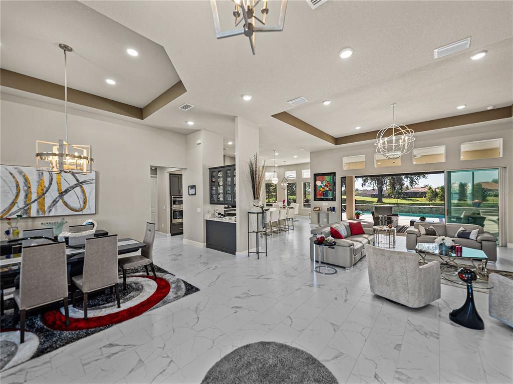 Dining room, Interior, Living room, Marble, Pendant Lights, Recessed Lighting