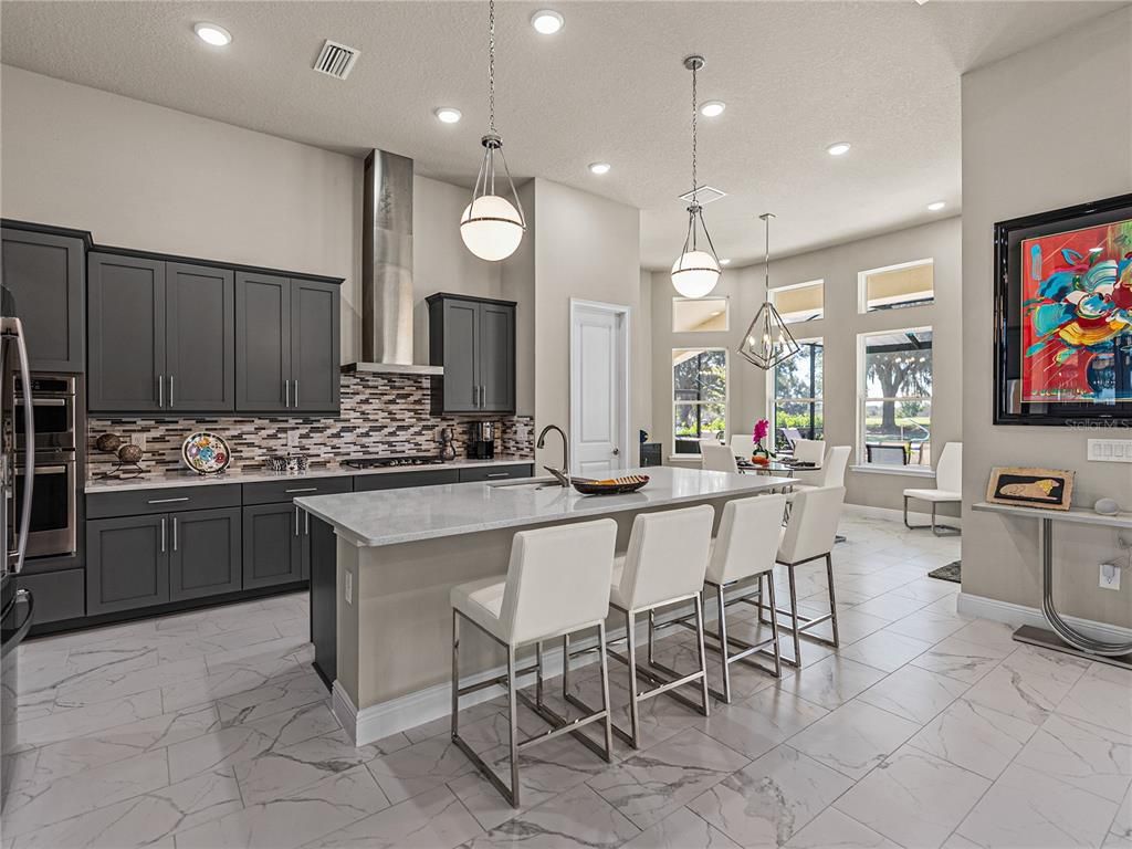 Interior, Kitchen, Marble, Pendant Lights, Recessed Lighting