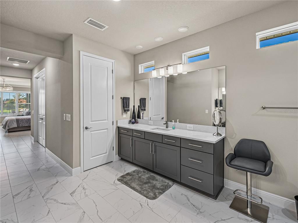 Bathroom, Dual Sink Vanities, Interior, Marble, Recessed Lighting