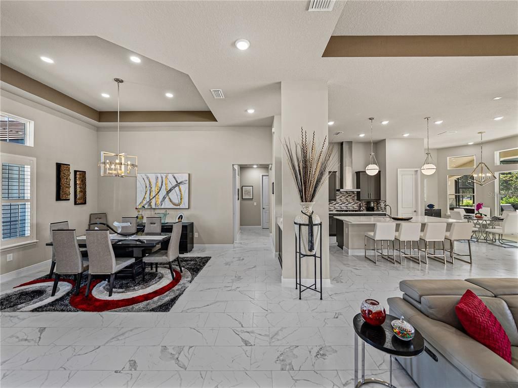 Dining room, Interior, Kitchen, Living room, Marble, Pendant Lights, Recessed Lighting