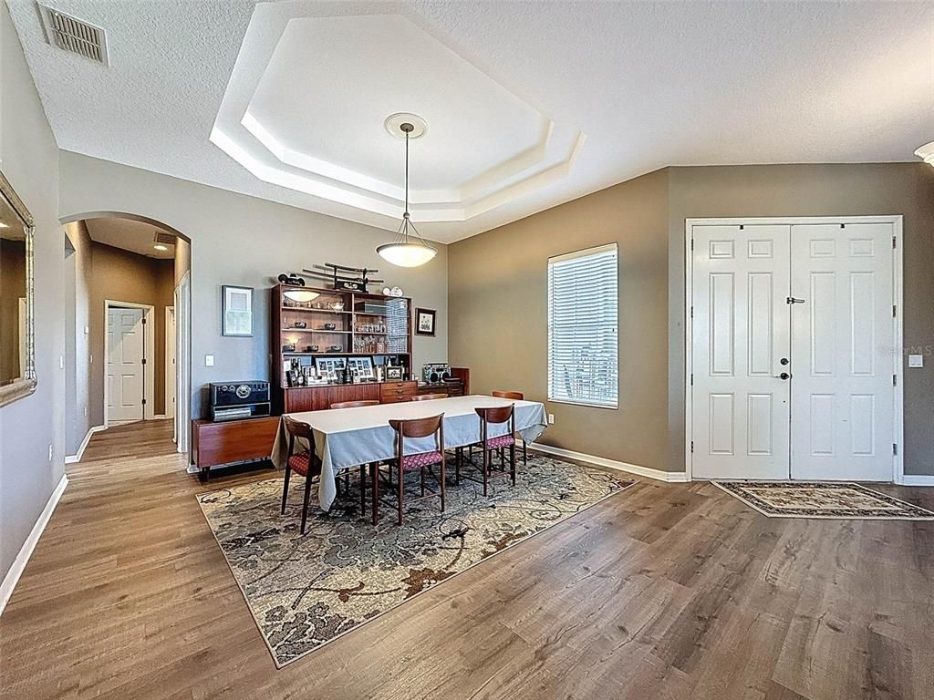 Dining room, Interior, Pendant Lights, Wood Texture Flooring