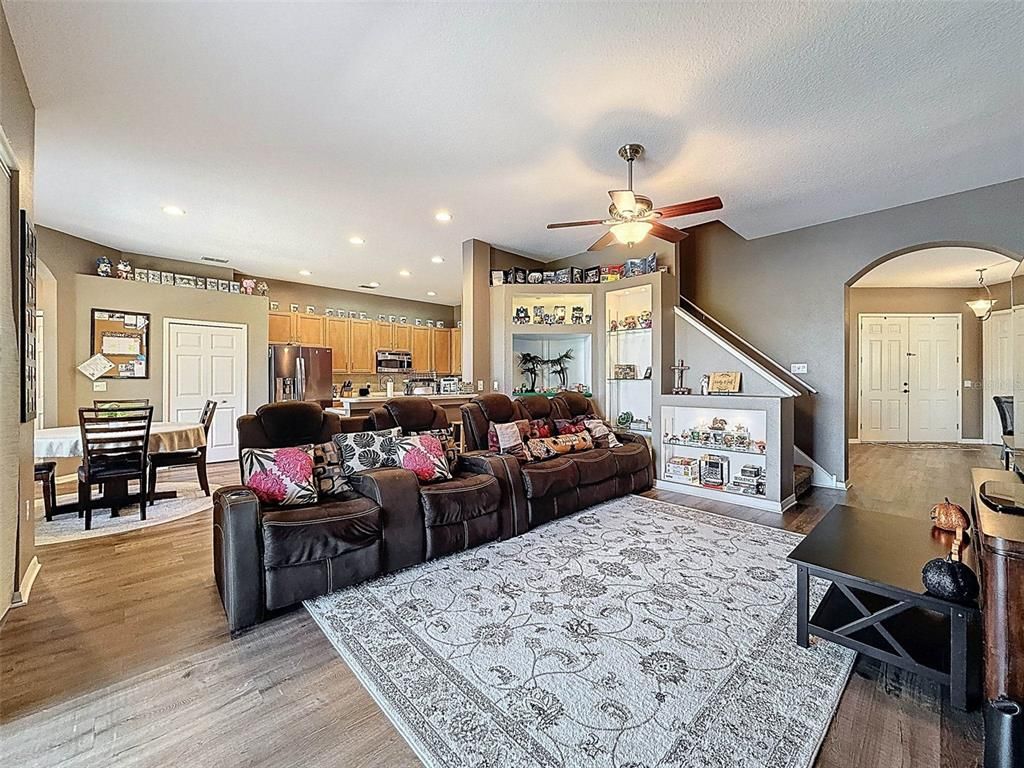 Dining room, Interior, Kitchen, Living room, Recessed Lighting, Stainless Steel Appliances, Wood Texture Flooring