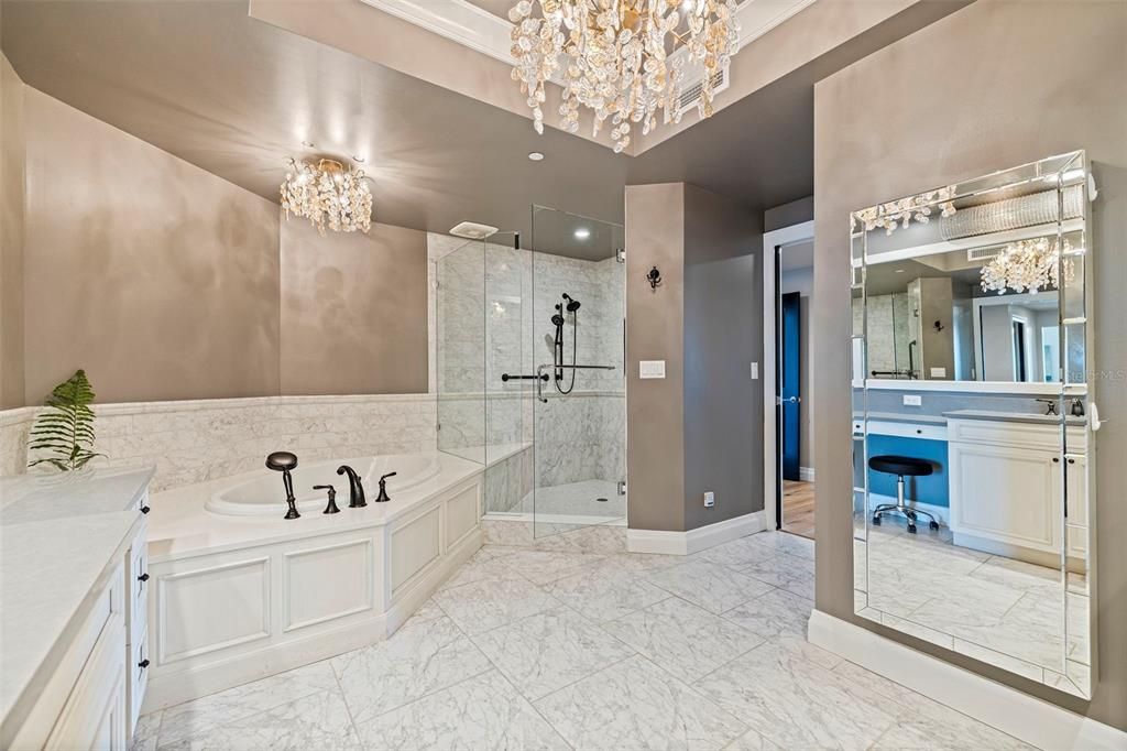 Bathroom, Chandelier, Glass Shower, Interior, Marble, Recessed Lighting