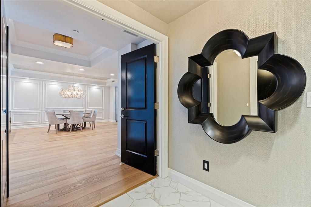 Chandelier, Dining room, Interior, Marble, Recessed Lighting, Wood Texture Flooring