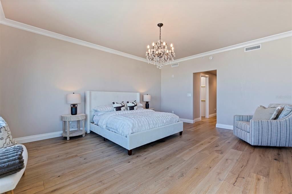 Bedroom, Chandelier, Interior, Wood Texture Flooring