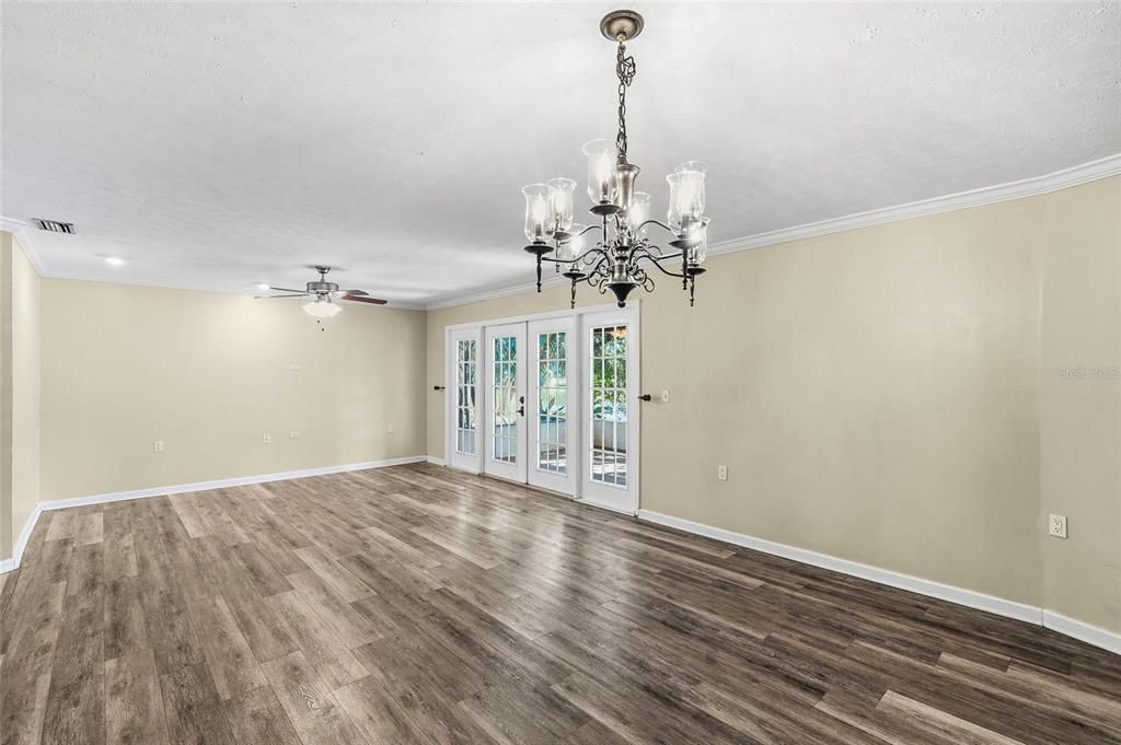 Chandelier, Empty room, Interior, Recessed Lighting, Wood Texture Flooring